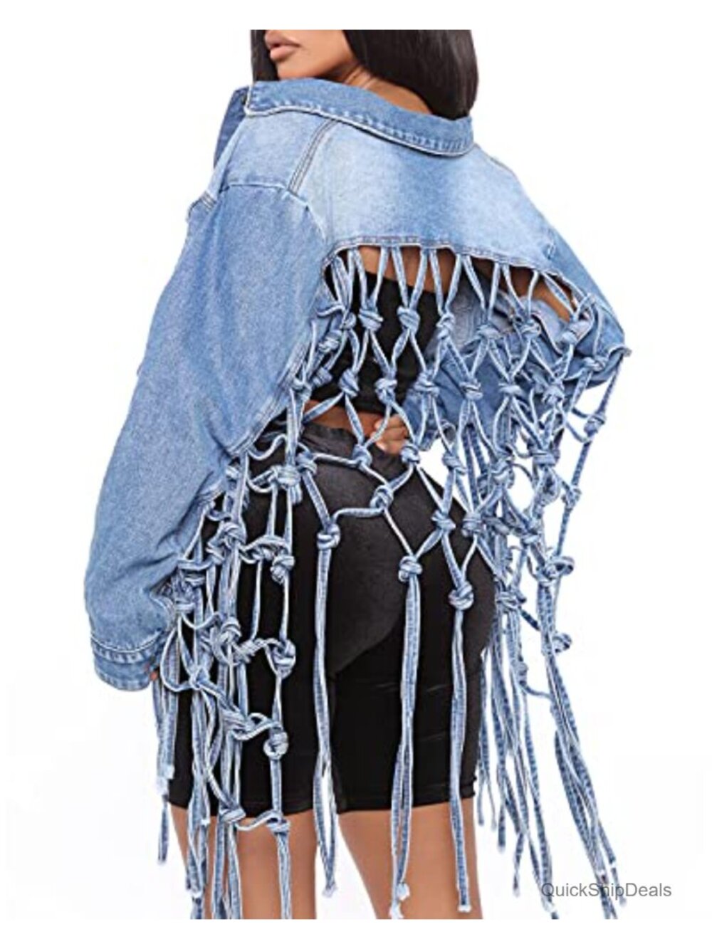 Cropped Distressed Denim Jacket Long Fringe Button Down Loose Fit Women's Jean